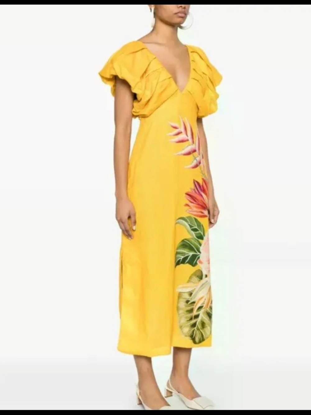 FARM Rio Yellow Tropical-Print Ruffle-Shoulder Midi Dress - Picture 4 of 4